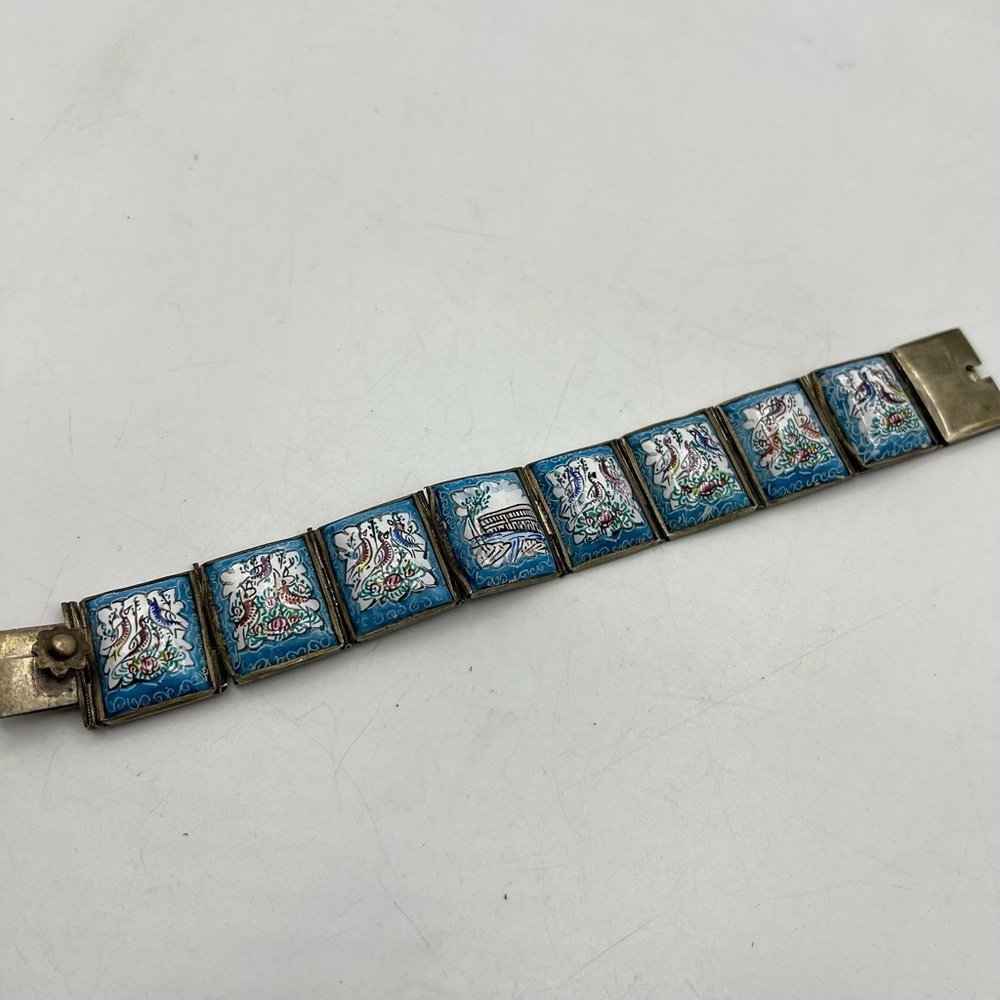 Vtg Iranian Persian Tile‎ Panel Bracelet Hand Painted Birds Deer Flowers Estate